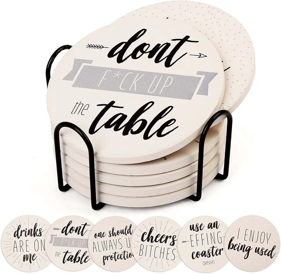 LotFancy Funny Coasters for Drinks Absorbent with Holder, 6PCS Ceramic Coasters with Cork Base, Round Coasters with 6 Sayings, Non-Slip, Bar Room Decor Housewarming Gift