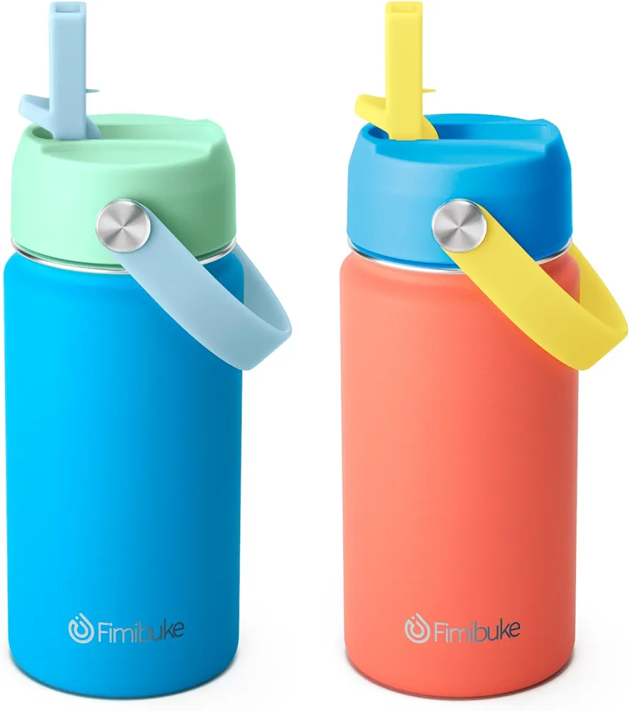 Fimibuke Kids Insulated Water Bottle - 14oz BPA-FREE Double Wall Vacuum Tumbler 18/8 Stainless Steel Leak Proof Kids Cups with Straw Metal Water Bottle for School Boys Girls (2 Pack, Ocean Life)