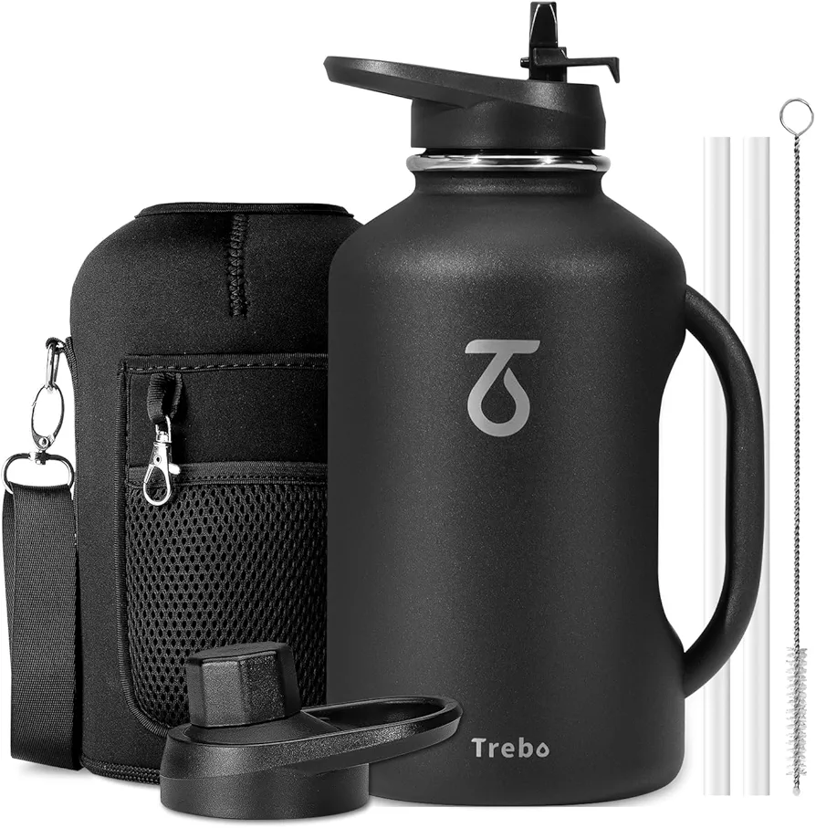 Trebo Half Gallon Water Bottle 64oz with Handle,Double Wall Vacuum Insulated Large Water Jug,Stainless Steel Water Bottle Flask,Wide Mouth Water Bottles with Straw Spout Lids Strap,Black