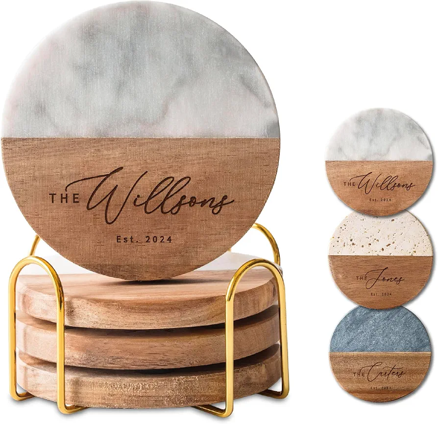 Luxury Marble and Wood Coasters Set of 4 with Gold Stand for Drinks - Personalized Gift Set for Weddings, Engagements, Anniversaries, Housewarming, Christmas (Bianco)