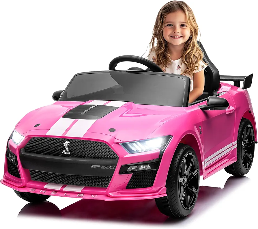 Licensed Ford Mustang Shelby GT500 Ride On Car, 12V 7AH Kids' Electric Car w/Remote Control, 16'' Wide Seat, 3 Speeds, LED Lights, MP3, Bluetooth, Electric Vehicles for Kids to Drive (Pink)