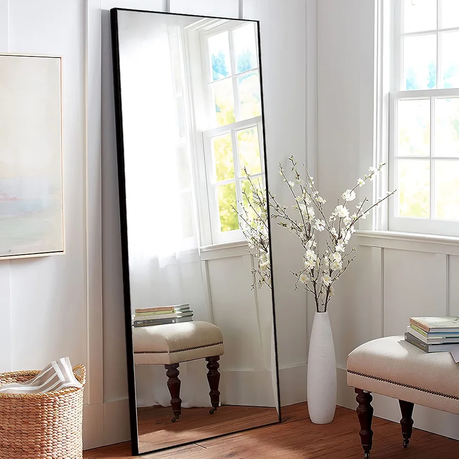 MIRUO Full Length Mirror, 55" x 16" Aluminum Alloy Frame Floor Mirror with Stand, Large Bedroom Mirror, Free Standing or Wall Mounted or Leaning Against Wall, Black (A-MR01058_M_USAM002)