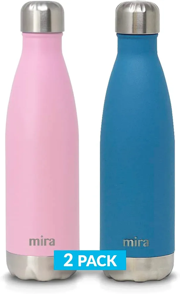 MIRA 2 Pack 17 Oz Cola Shaped Insulated Stainless Steel Water Bottle - Double Walled Vacuum Insulated Thermo Flask - Metal Sports Bottle - Rose Pink & Hawaiian Blue