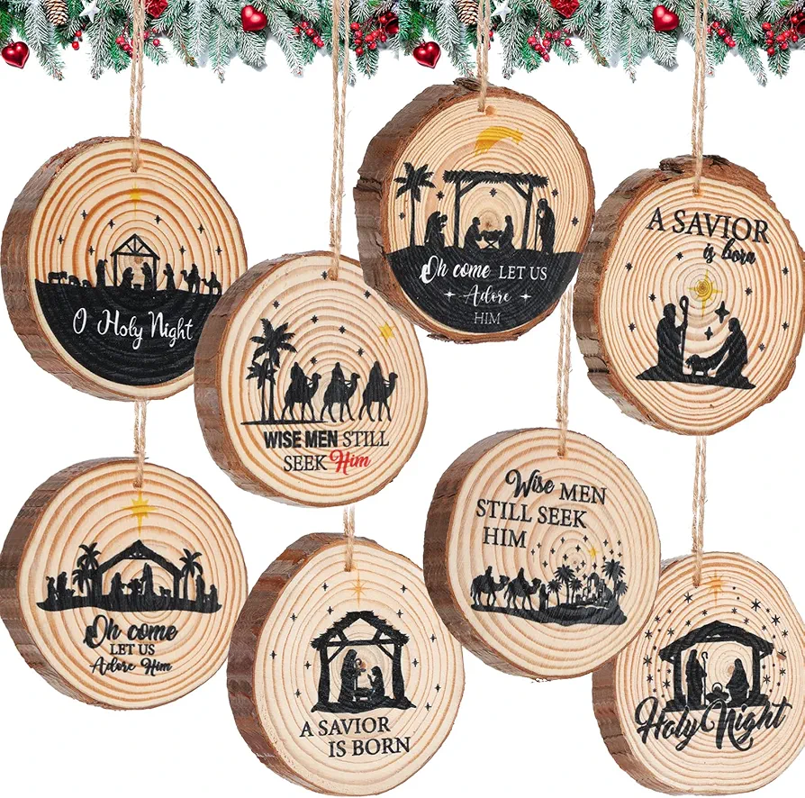 8 Pieces Wooden Nativity Scene Christmas Tree Ornament Rustic Christmas Ornaments Nativity Scene Round Wooden Tree Decor Little People Nativity Set with 3.8 Yard Ropes for Xmas Tree Party Decor