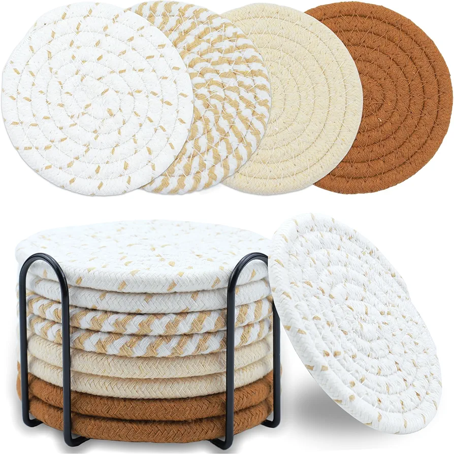 8 Pcs Drink Coasters with Holder, Minimalist Cotton Woven Coaster Set,4 Colors Absorbent Coaster Protection Protection for Various Cups, Ideal for Coffee Tables and Home Decor Tabletop,4.3 Inches