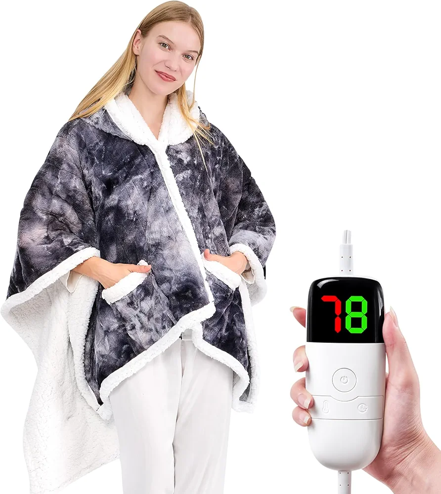 greenoak Wearable Heated Throw Blanket Electric Shawl-Heated Robe Poncho Blanket Hoodie for Adult, Winter Gifts for Mom Women Girlfriend Grandma, Warm Faux Fur with Pockets,10-Heating Levels,Grey