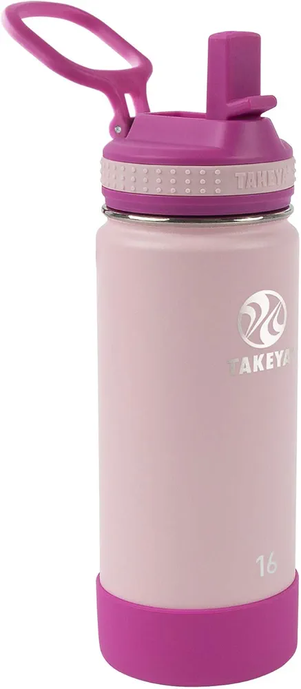 Takeya Actives Kids 16 oz Vacuum Insulated Stainless Steel Water Bottle with Straw Lid, Blush/Super Pink