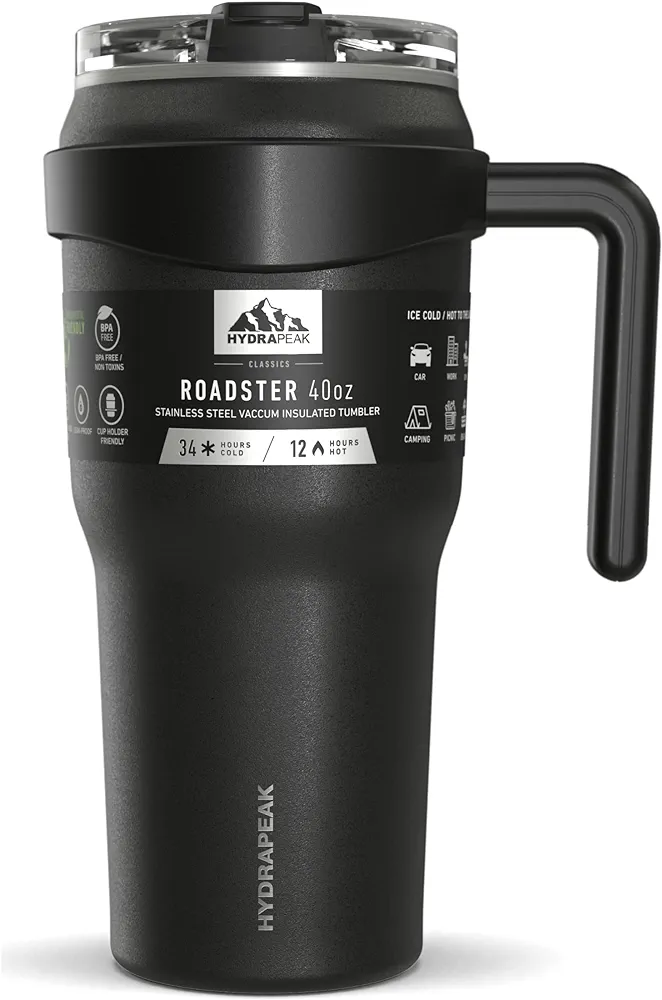 Hydrapeak Roadster 40oz Stainless Steel Tumbler Double Wall Vacuum Insulated Water Bottle With Handle And 2 in 1 Straw Lid (Black)