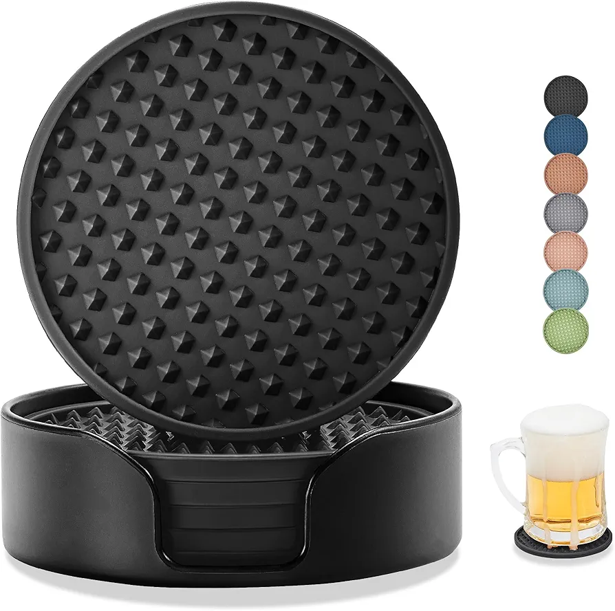 Coasters for Drinks, Silicone Coasters Set of 6 with ABS Holder, Outdoor Coaster for Coffee Table, Non-Slip Rubber Table Cup Mat Desk, Heat Resistant & Scratch-Proof (Black)