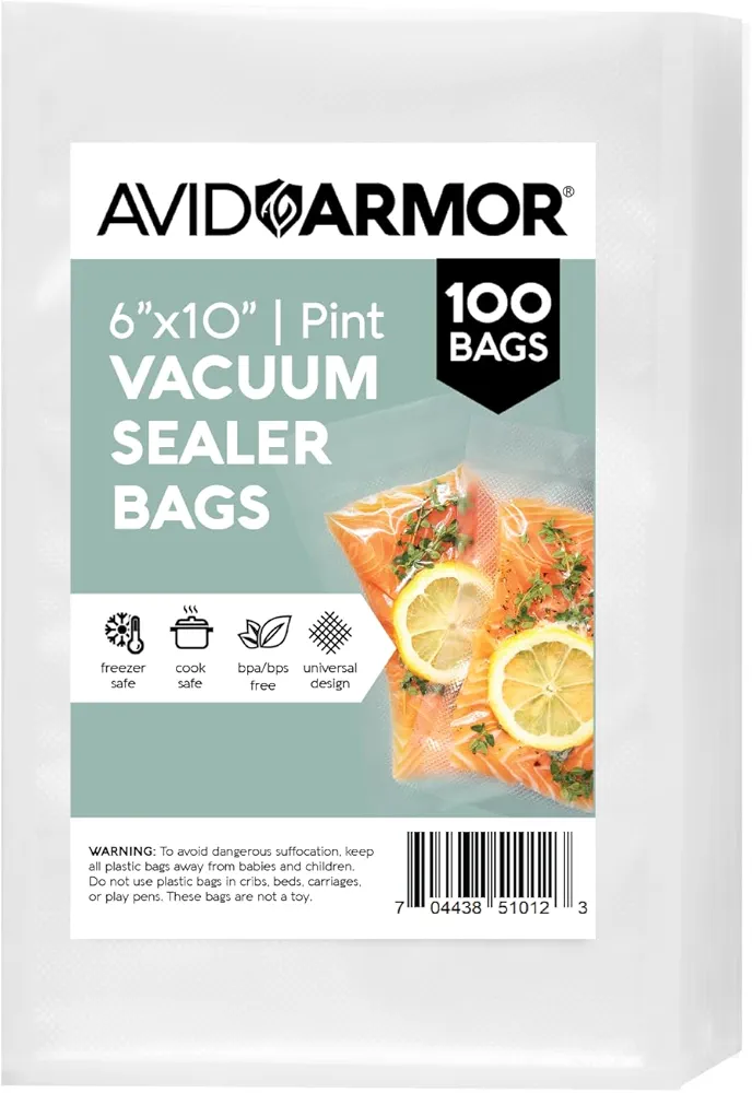 Avid Armor Vacuum Sealer Bags Pint Size, Vac Seal Bags for Food Storage, Meal Saver Freezer Vacuum Sealer Bags, Sous Vide Bags Vacuum Sealer, Non-BPA, 6 x 10 inches, Pack of 100
