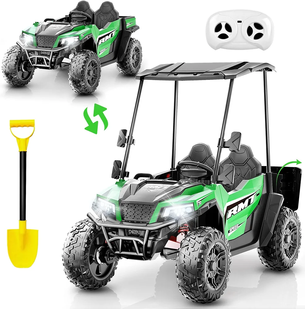 24V Kids Ride on Toys, Electric Car for Kids 2 Seater w/Sun Shade, Dump Bed & Shovel, 5MPH, 4WD Kids' Electric Vehicles, Electric Car w/Remote, Electric Car for Kids, 3 Speeds, LED Lights, Music