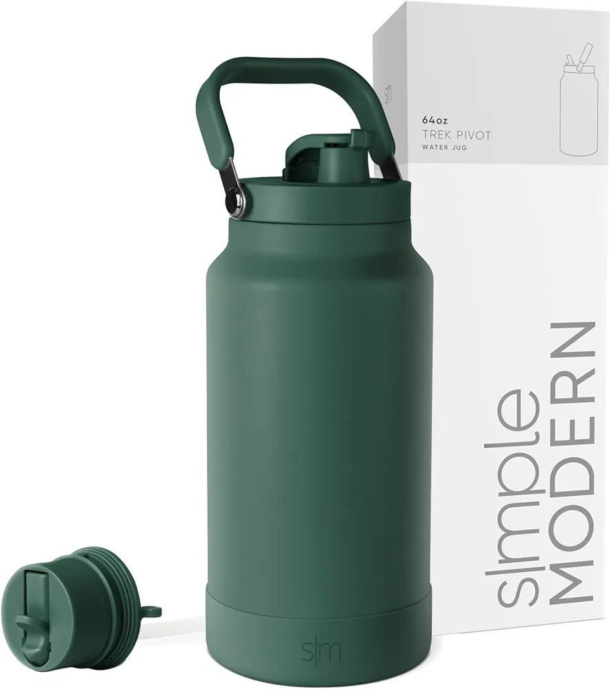 Simple Modern Trek Pivot | Half Gallon Water Bottle Jug with Handle & Boot | Interchangeable Straw & Chug Lids | Large Insulated Stainless Steel | Sports Camping Outdoors | 64oz, Forest