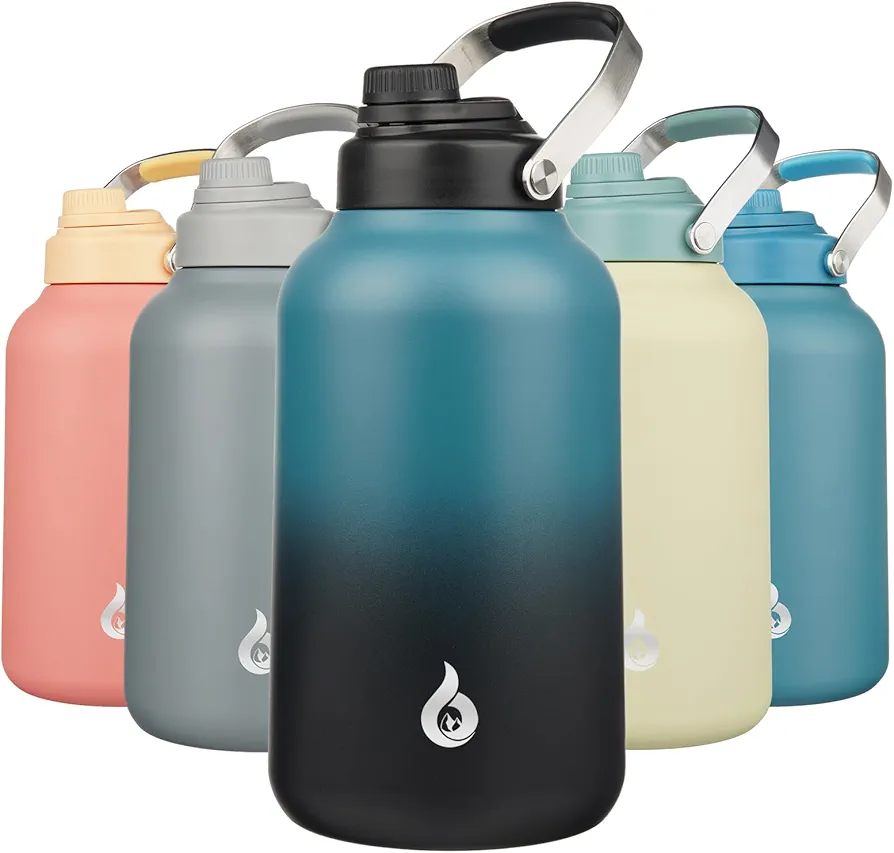 BJPKPK 1 Gallon Water Bottle Insulated, Dishwasher Safe 128oz Large Water Jug with Metal Handle & BPA Free Spout Lid, Stainless Steel Metal Water Bottle for Gym, Sports & Hiking, Blue Black