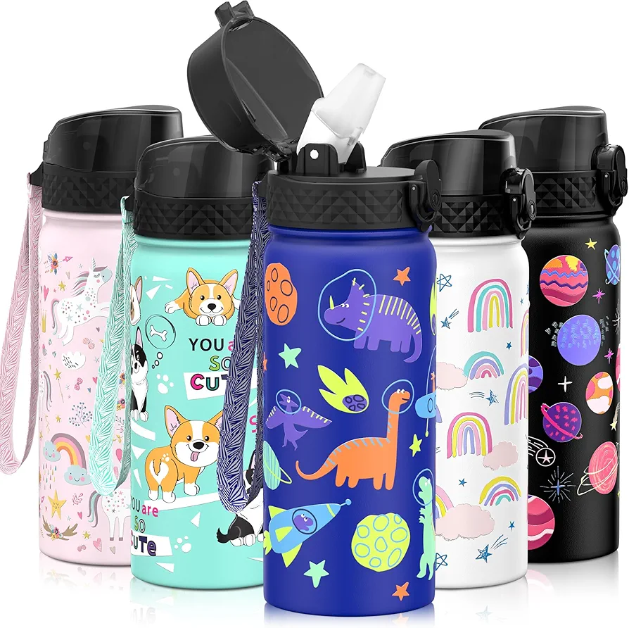 GOPPUS Kids Water Bottle (Straw Lid)-18oz Vacuum Insulated Stainless Steel, Reusable Tumbler for School, Boys, Girls,Blue Space Dinosaur