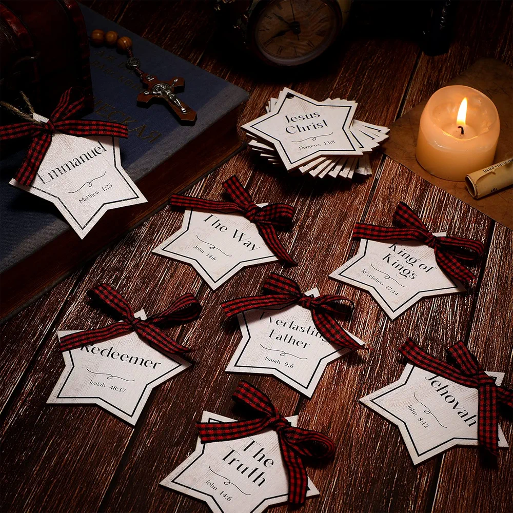 24 Pieces Names of Jesus Advent Christ Christmas Hanging Ornaments Bulk Wood Religious Ornaments with Savior Names for Christmas Tree Decoration (White)