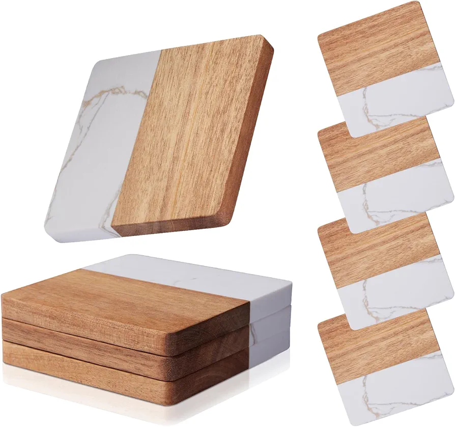 Square Coasters Set of 4 for Drinks,Marble-Wood Spliced Coaster for Tabletop Protection,Cup Holder Coasters for Multiple Cup Types,Coaster Set Gifts for Home Warmth