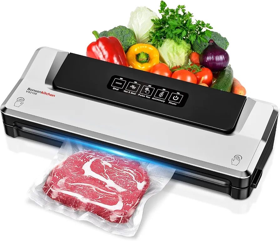 [Updated 2024] Bonsenkitchen Vacuum Sealer Machine + 5 Vacuum Bags, Fast-Compact Food Sealer, Multi-Functional Food Vacuum Sealer with Accessory Hose, Silver