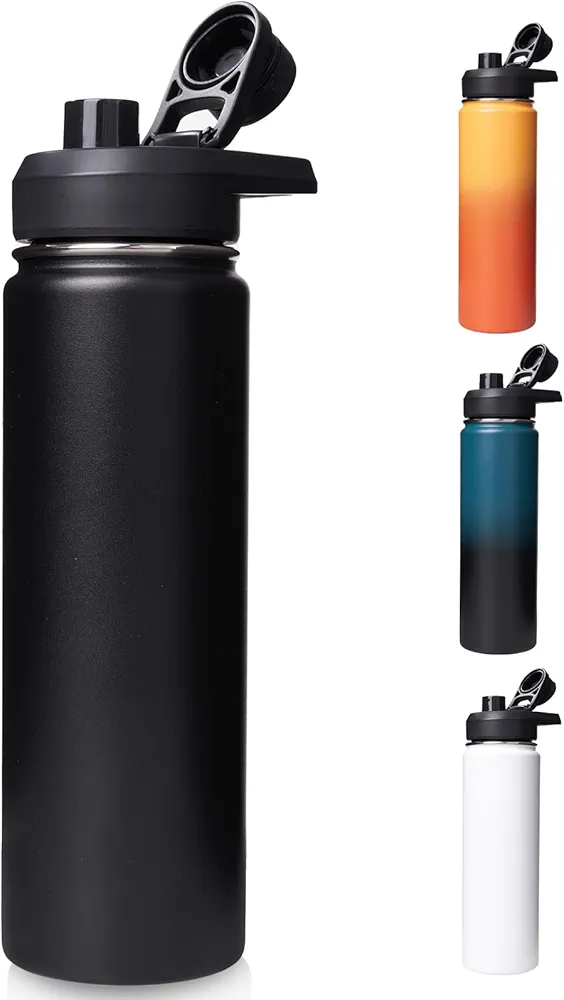 24oz Insulated Water Bottle with Handle, 304 Stainless Steel Water Bottles with Wide Mouth, Double Wall Vacuum Sports Water Bottle, BPA Free, Keep Cold and Hot, Black