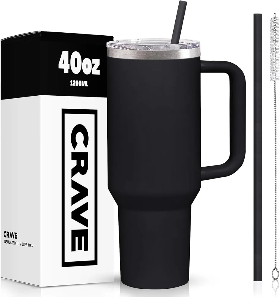 40oz Tumbler With Handle And Straw l Insulated Stainless Steel Double Wall Spill Proof Water Bottle Travel Mug l Cupholder Friendly Vacuum Sealed Tumblers With Lid (Black)