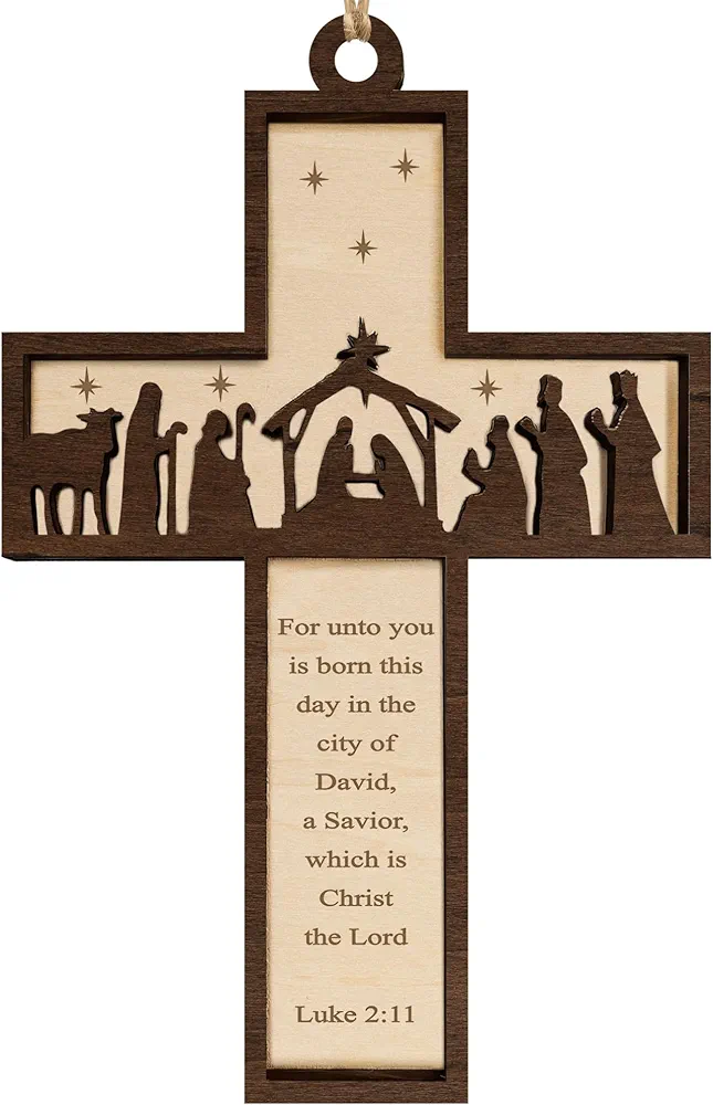 Wooden Cross Ornament for Christmas Tree with Holy Scripture Luke 2:11, Nativity Scene Cross Christmas Ornament, Jesus Christmas Decoration, A Christmas Story Religious Gifts for Family, Christian
