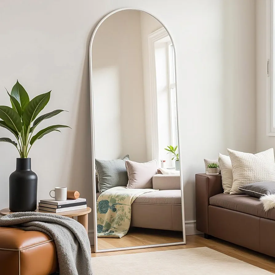 Floor Mirror Arched Mirror Full Length 56"X20"Full Length Mirror can be Free Standing or Hanging on The Wall Used in Living Room Entrance Hall Corridor Room Bathroom etc （White