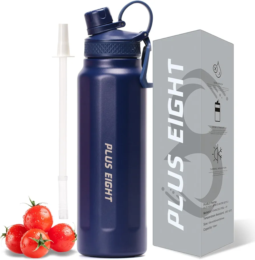 Sports Water Bottle, Insulated Water Bottle With Straw, Stainless Steel Water Bottle Wide Mouth for Sports, Gym or Office, BPA-Free Keep Cold 24H Hot 12H (Blue, 32 oz)