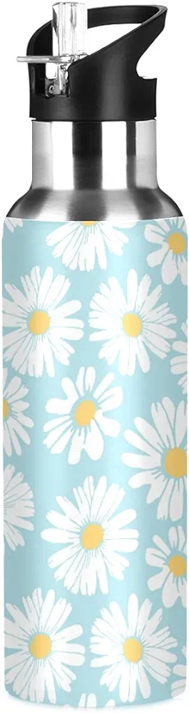 Daisy Water Bottles Daisies Water Bottle Flower Sunflower Water Bottles Kids Daisy Print with Straw Lid Leakproof Insulated Stainless Steel Water Flask 20 oz