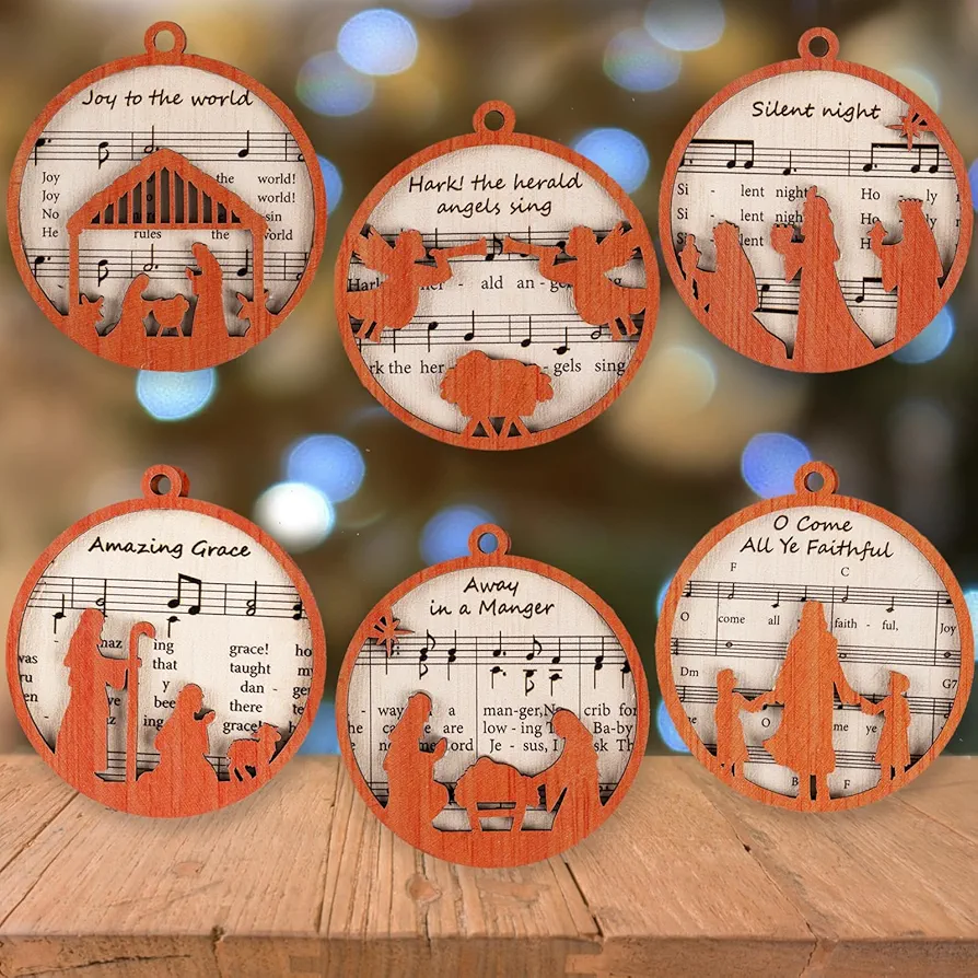 6Pcs Christmas Tree Decorations Nativity Wooden Ornaments Set Christian Nativity Scene Ornaments Music Sheet Hanging Round Pendants for Xmas Tree Holiday Winter Home Decor Religious Gift for Family