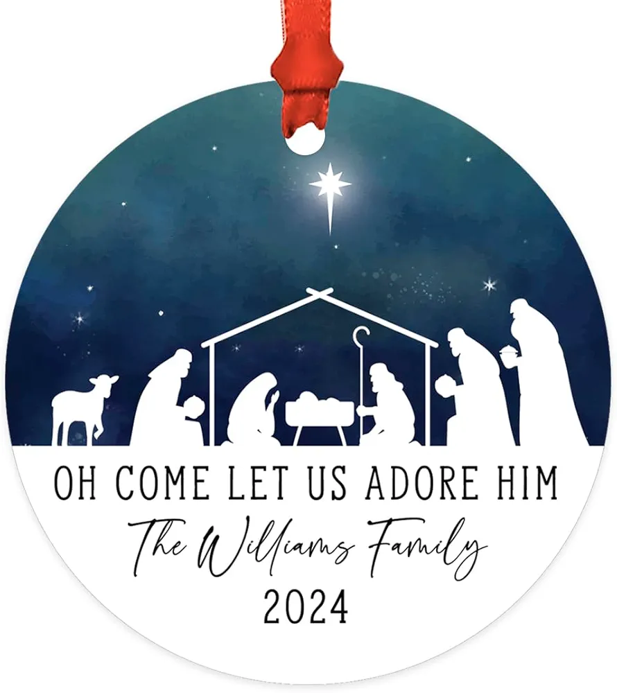 Andaz Press Metal Personalized Nativity Ornament Nativity Ornaments For Kids Adults Oh Come Let Us Adore Him Custom Family Name Nativity Ornaments For Christmas Tree Nativity Scene Christmas Ornaments