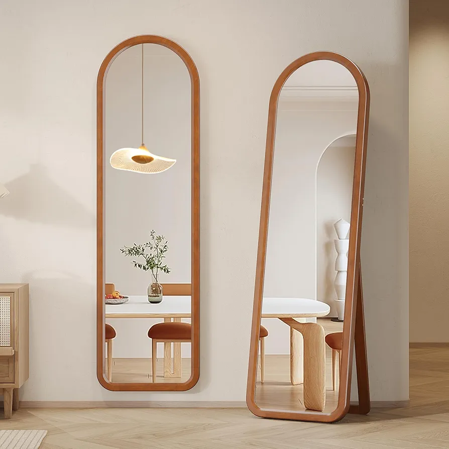 LVSOMT Solid Wood Full Length Mirror, Arch Full Body Mirror, Arched Standing Floor Mirror with Wooden Frame, Stand Up or Wall-Mounted, Dressing Mirror for Bedroom Living Room, Walnut 63"×18"