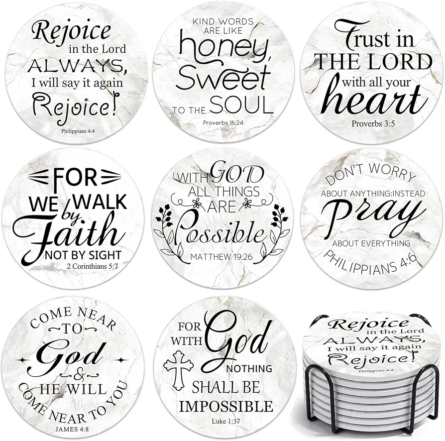 Ceramic Drink Coasters with Bible Verses, Cup Coasters Set of 8 with Holder, Absorbent Coasters for Drinks, Scripture Coaster with Cork Backing for Table Protection, Christian Home Decor Gifts
