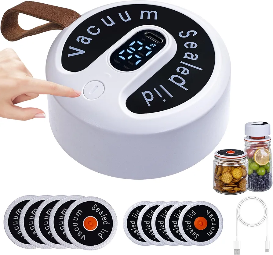 2nd Generation Mason Jar Vacuum Sealer, Upgrade Electric Vacuum Sealing Kit with 10 Lids, Suitable for 2.55-3.93in Diameter Food Storage Jar and Wide/Regular Mouth Mason Jar