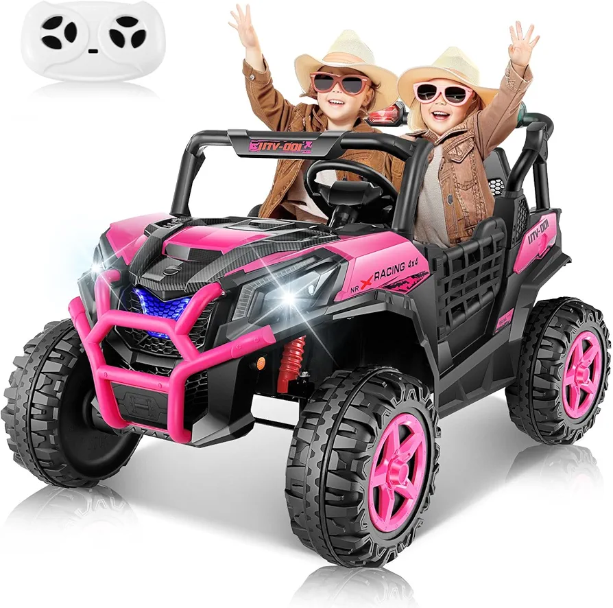Hikole 24V Ride on Toys with Remote Control, 4WD/2WD Switchable 2 Seater Battery Powered Kids Cars with 4X200W Motors, Colorful LED Lights, Bluetooth, Power Car Wheels for Girls, Rose Red