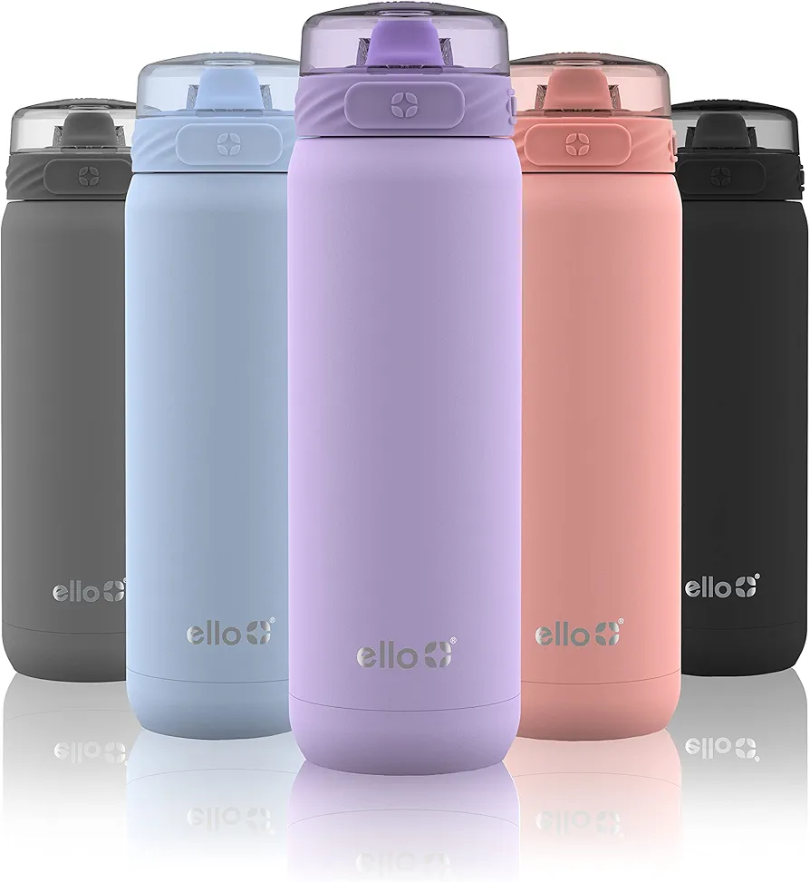 Ello Cooper 22oz Stainless Steel Water Bottle with Straw and Carry Handle, Double Walled and Vacuum Insulated Metal, Leak Proof Locking Lid with Soft Silicone Spout, Reusable, BPA Free, Lilac
