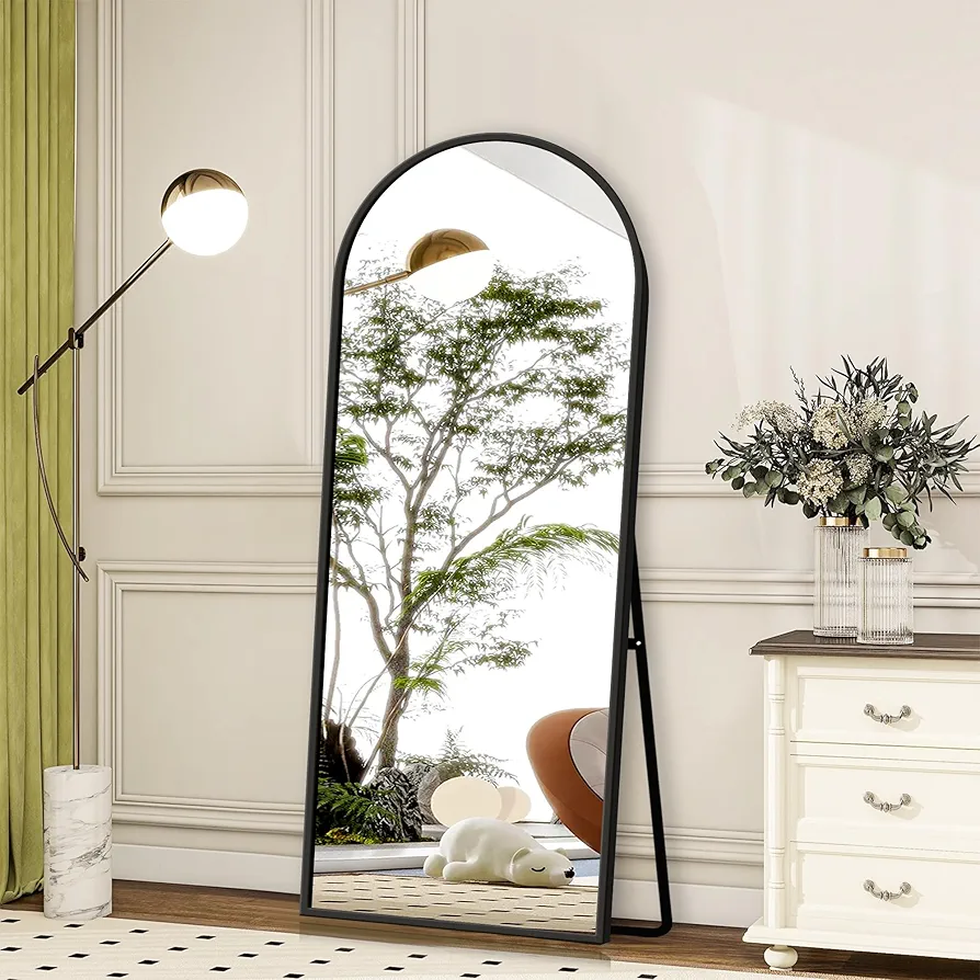 Full Length Mirror with Stand - 57" x 18" Arched Aluminum Alloy Frame Full Body Mirror, Standing Hanging or Leaning Wall Floor Mirror for Bedroom Living Room Entryway, Black