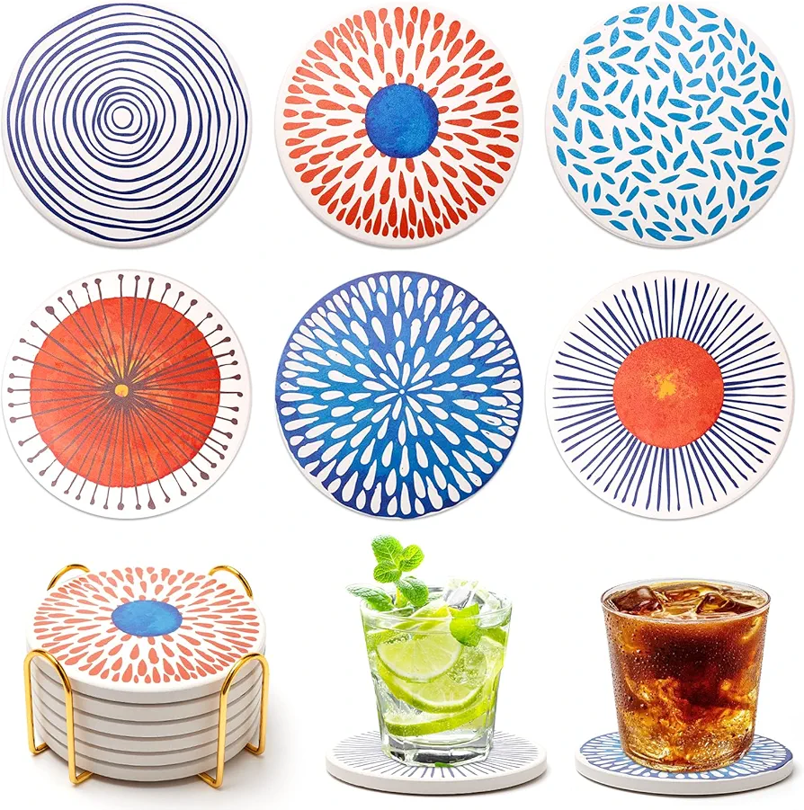 Ceramic Absorbent Coaster Set of 6 Mid Century Coasters for Drinks Modern Colorful Boho Coffee Table Decor Coasters with Holder Cool Desk Coaster Funky Outdoor Beach Coasters Cute Stone Cup Coasters