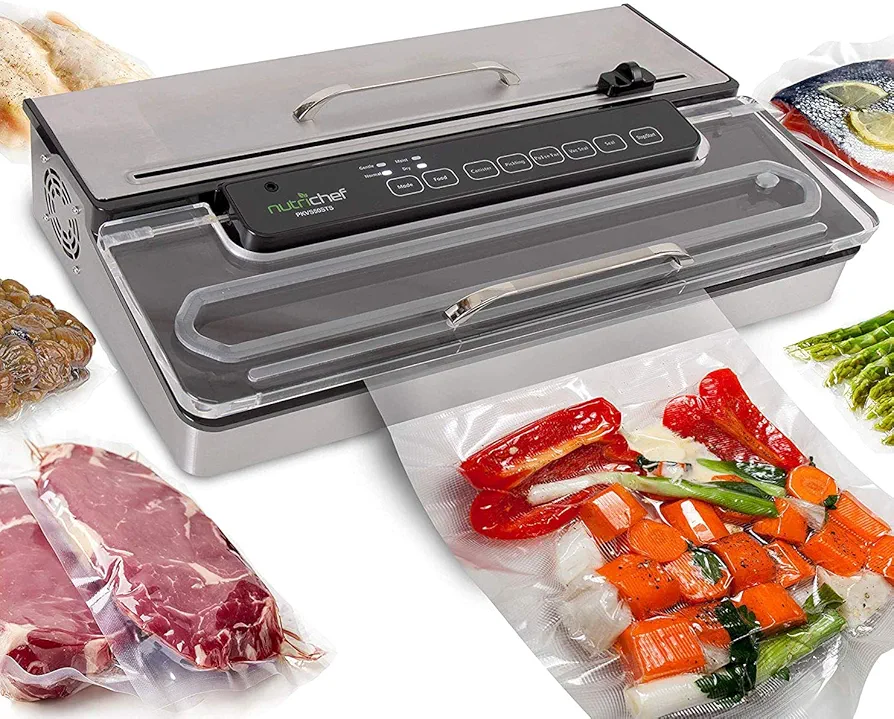 NutriChef PKVS50STS Commercial Grade Vacuum Sealer Machine-400W Automatic Double Piston Pump Air Machine Meat Packing Storage Preservation Sous Vide w/Dry Wet Seal, Vac Roll Bags, Extra Large, Silver