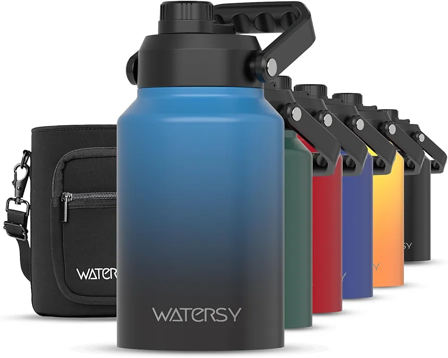 Half Gallon Water Bottle Insulated(Cold for 48 Hrs),BPA Free&Leak Proof,64oz Stainless Steel Water Jug/Flask,Big thermos,Large Water Bottle with Handle for Gym,Hiking,Camping,Gradient Blue
