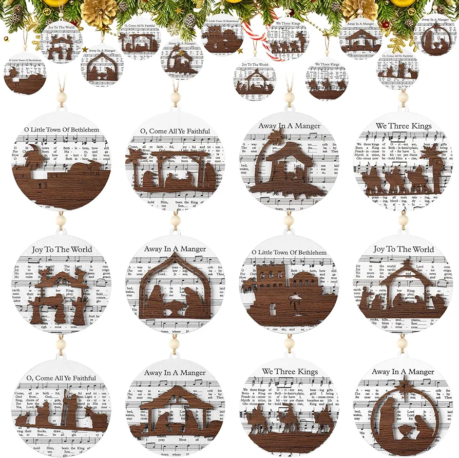 12 Pcs Christmas Nativity Ornament Christian Music Sheet Nativity Ornament DIY Religious Gift Wooden Nativity Story Ornament Hanging Decoration for Xmas Tree Birth of Jesus Family Mom Dad Gift