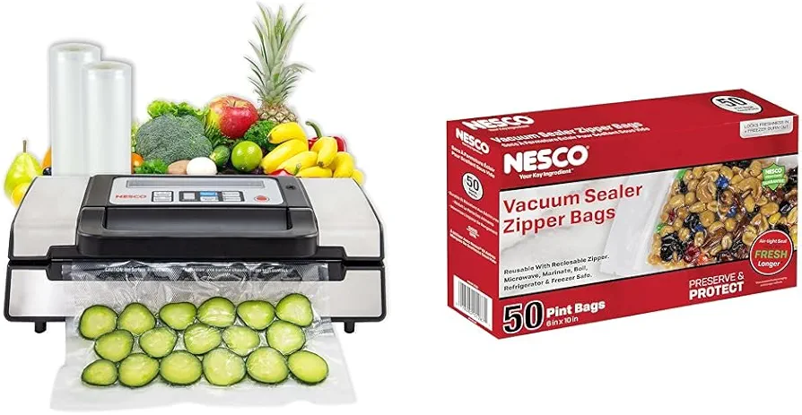 Nesco Deluxe Food VS-12 Vacuum Sealer, 130 Watts, Kit Bags & Viewing Lid, Compact, Silver & Vacuum Sealer Pint Zipper Bags - 50 count