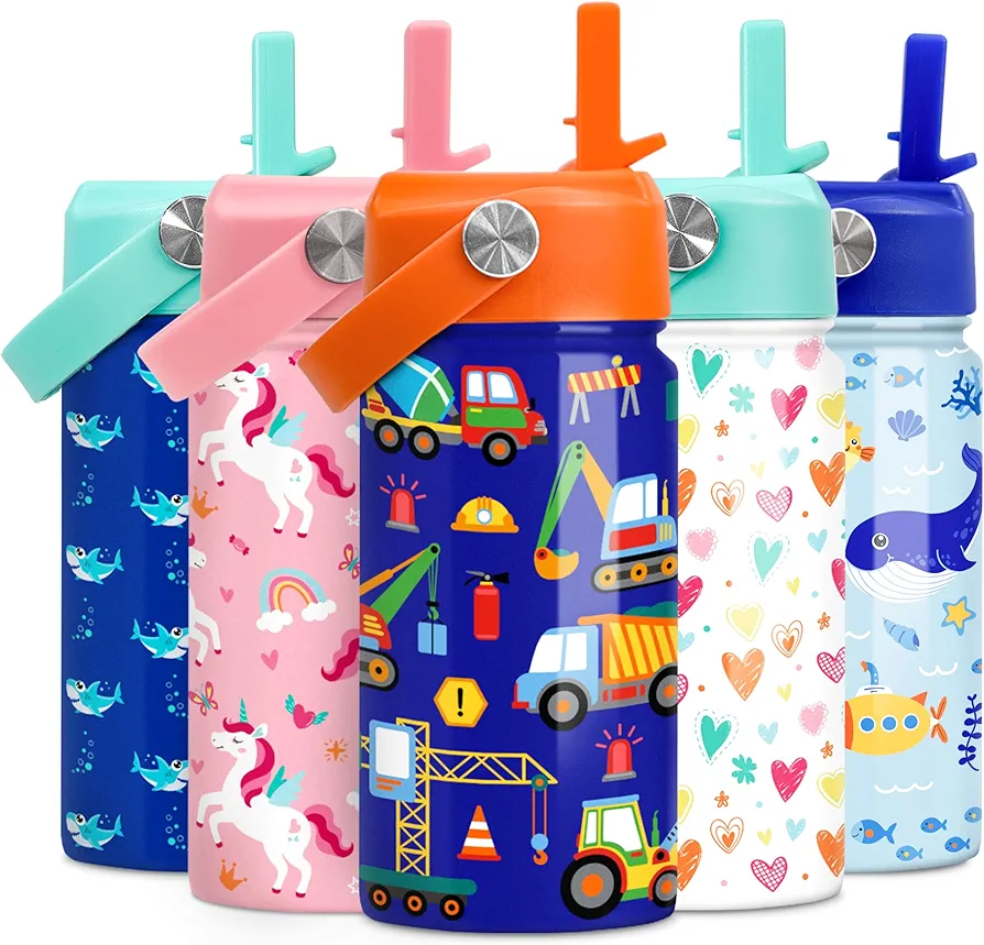 Construction Water Bottle - Kids Water Bottle with Straw Lid - 12 Oz Insulated Stainless Steel Water Bottles for Toddlers Kid Boys - Travel Cup for School Sports