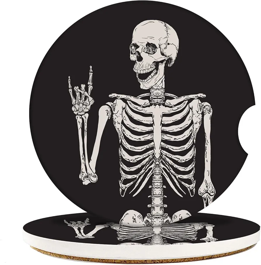 Britimes Absorbent Car Coasters 2 Pack for Cup Holders, 2.56" Ceramic Stone & Non-Scratch Cork Base Drink Coasters Human Skeleton