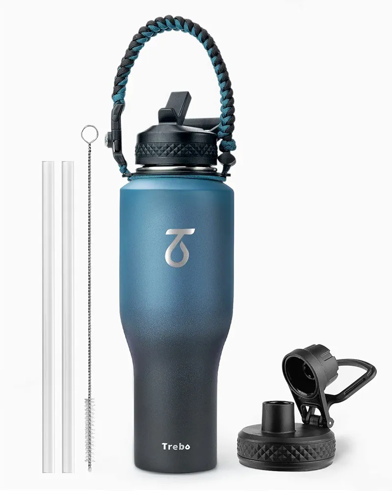 Trebo 40oz Water Bottle Insulated with Lid and Straw,Double Wall Vacuum Stainless Steel Metal Tumbler Flask Fit in Any Car Cup Holder with Paracord Handle,Leakproof Keep Cold Hot,Indigo/Black