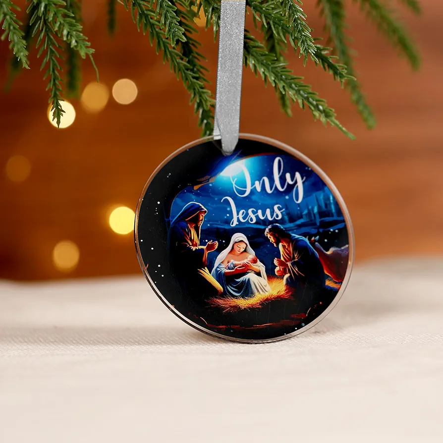 1Pcs 3.54 Inch Jesus Birth Acrylic Christmas Ornaments 2024, Round Personalized Hanging Ornament Christmas Tree Decorations for Xmas Home Indoor Holiday Party Decor