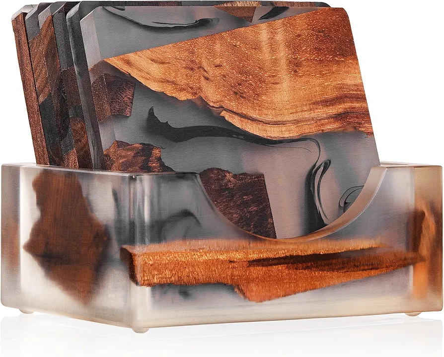 Walnut Coasters Set, Epoxy Coasters, Modern Coasters with Holder, Walnut Coasters No Scent