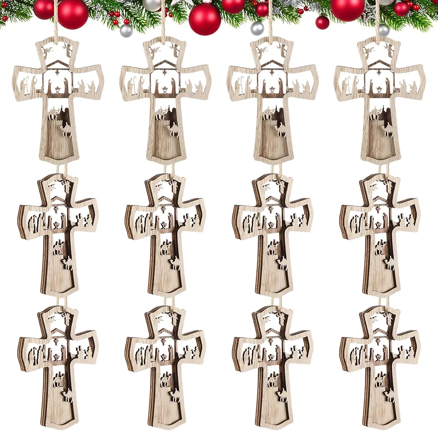 Blulu 12 Pieces Christmas Nativity Scene Ornaments Set Bulk 3D Christian Wooden Cross Hanging Ornament Xmas Tree Nativity Ornaments The Birth of Jesus Story Decor Religious Gift for Family