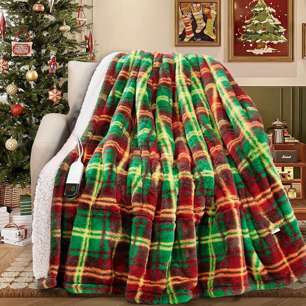 MAXEVE Faux Fur Electric Heated Blanket Twin Size for Couch,Sherpa Heating Blanket with 8 Heating Levels & 8 Hours Auto Off, Over-Heat Protection,ETL Certified,Christmas Buffalo Plaid Heated Blanket