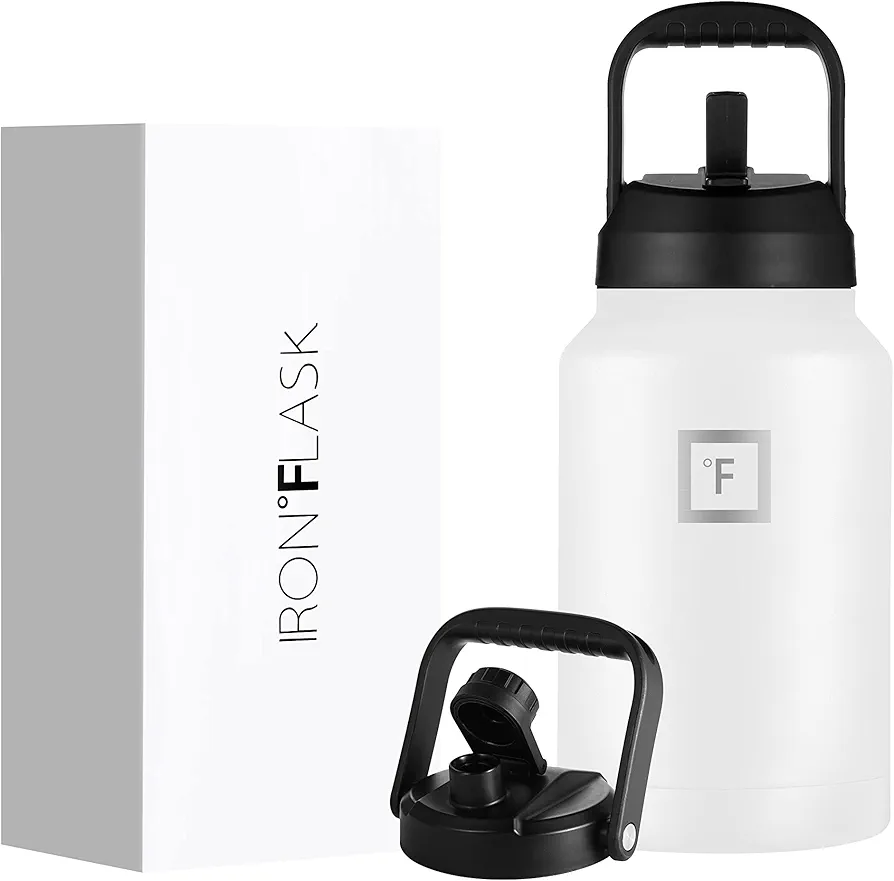 IRON °FLASK Sports Water Bottle - Gallon Series - 2 Lids (Straw and Spout), Leak Proof, Vacuum Insulated Stainless Steel, Double Walled, Thermo Mug, Metal Canteen Jug Growler - Winter White, 128 Oz