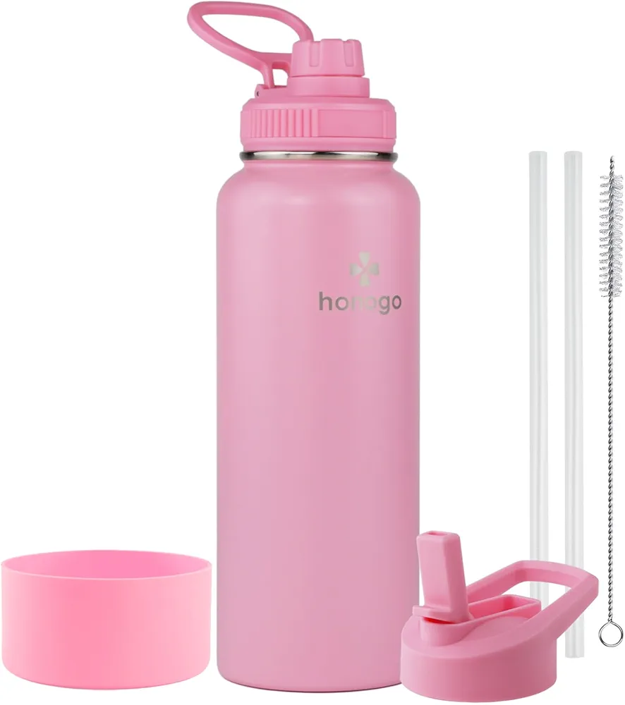 40 oz Double Wall Insulated Sports Water Bottle for Men, Women & Kids, 18/8 Stainless Steel Wide Mouth Thermos Flask with Straw Lid & Spout Lid, Leak Proof, Keep Hot and Cold (Pink, 40 oz)