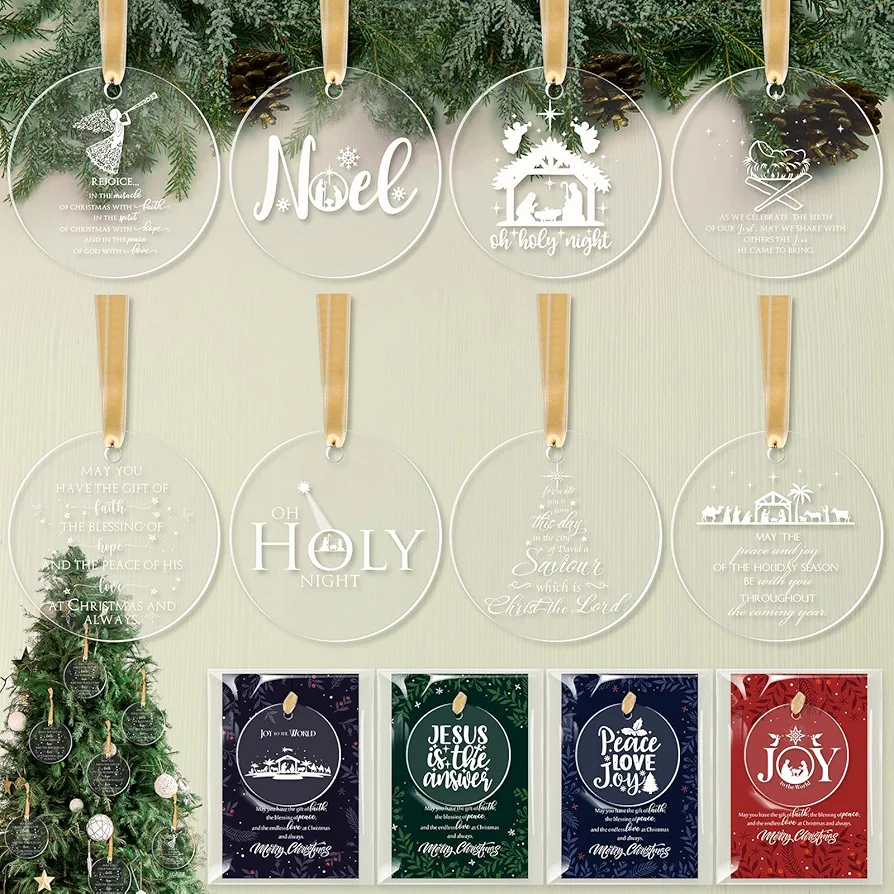 Suzile 24 Sets Christian Christmas Hanging Ornaments Bulk Religious Ornaments Acrylic Nativity Scene Ornaments with Bible Verse Cards Church Gift Christmas Tree Decorations Xmas Wall Decor